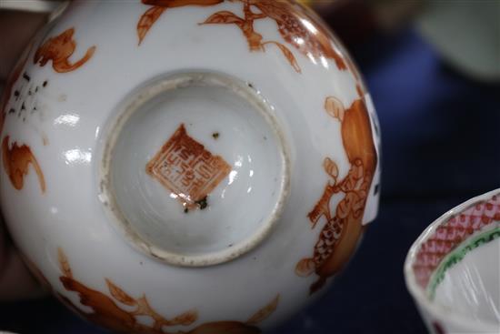 Three Chinese enamelled porcelain tea bowls and a Henan type bowl